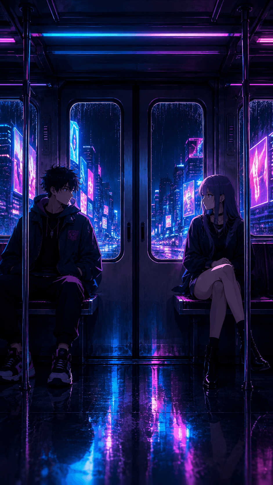 雨の電車で向かい合う二人